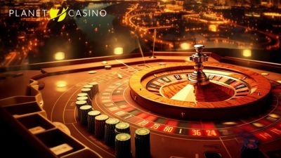 Elegant roulette table at Planet 7 Casino with chips and spinning wheel set against a glowing city skyline background.