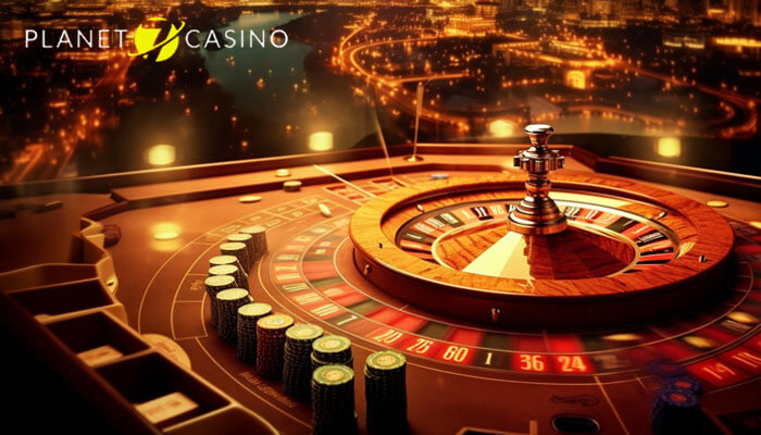 Planet 7 Casino A Platform Worth Considering For New Online Casino Players - Live Casino Magic - Live CasinoMagic Elegant roulette table at Planet 7 Casino with chips and spinning wheel set against a glowing city skyline background.