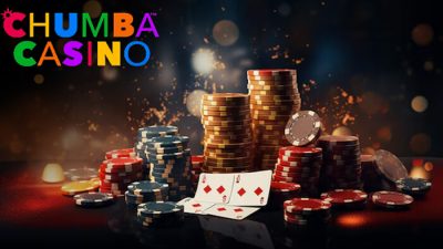 Chumba Casino logo with colorful chips and playing cards in a vibrant casino setting, highlighting an exciting atmosphere for players.