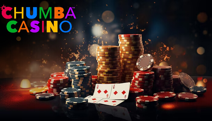 Chumba Casino logo with colorful chips and playing cards in a vibrant casino setting, highlighting an exciting atmosphere for players.