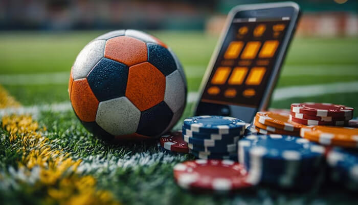 Soccer ball, smartphone, and colorful poker chips on field representing online sports gaming and betting at Sportzino Casino.