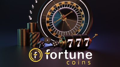 Fortune Coins Casino logo with a roulette wheel, dice, and stacked coins, representing the exciting virtual casino experience.