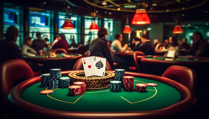 A casino table featuring a hand of cards and poker chips, with a lively crowd in the background, representing the thrilling experience at Chumba Casino.