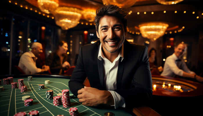 Pros and Cons of Fortune Coins Casino - Live Casino Magic - Live CasinoMagic A smiling man with poker chips in hand at a casino table, capturing the fun and rewards of playing at Fortune coins casino.