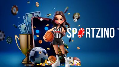 Sportzino Casino referee character holding basketball with trophies, poker chips, and sports equipment around a smartphone background.