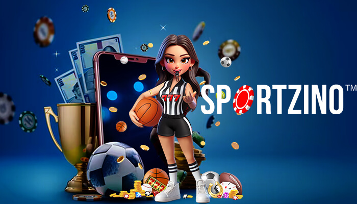 Sportzino Casino referee character holding basketball with trophies, poker chips, and sports equipment around a smartphone background.