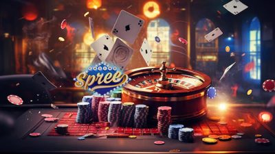A roulette wheel surrounded by poker chips and playing cards in motion, representing the vibrant atmosphere and excitement of Spree casino gaming experience.