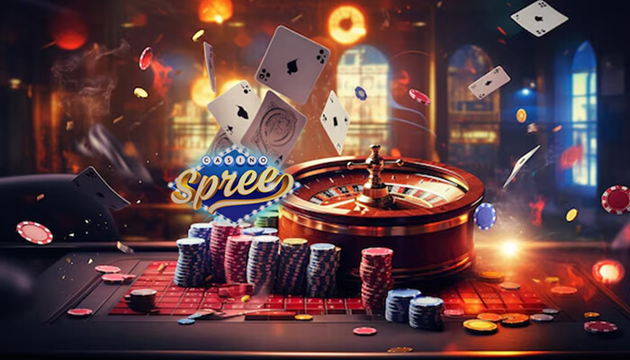 A roulette wheel surrounded by poker chips and playing cards in motion, representing the vibrant atmosphere and excitement of Spree casino gaming experience.