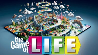 The Game of Life board game overview showing colorful paths and 3D landscape, representing the game setup and the game of life rules.