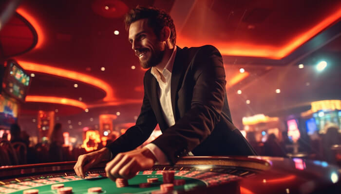Confident man enjoying a casino game at WOW Vegas Casino, highlighting the thrill of online sweepstakes-style gaming.