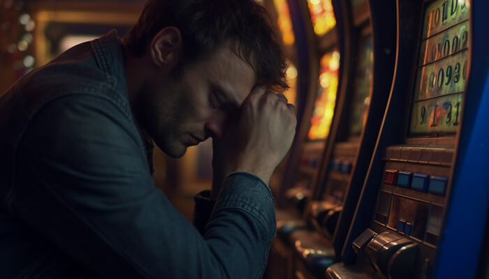 A man sitting by a slot machine in a dimly lit casino, looking distressed, capturing the emotional impact of gambling at Chumba Casino.