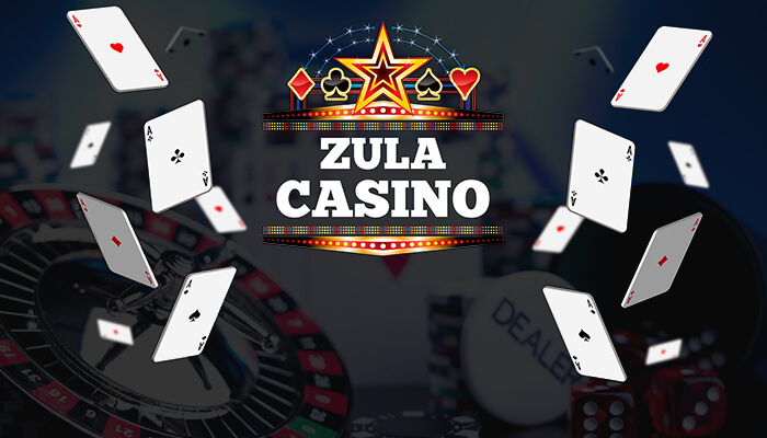 Zula Casino logo with floating playing cards and poker chips, set against a casino backdrop, representing exciting gaming experiences.