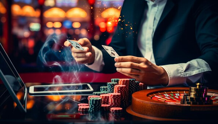 Zula Casino new account registration process - Live Casino Magic - Live CasinoMagic Casino dealer holding playing cards with chips and roulette wheel, showcasing a luxurious Zula Casino gaming atmosphere.