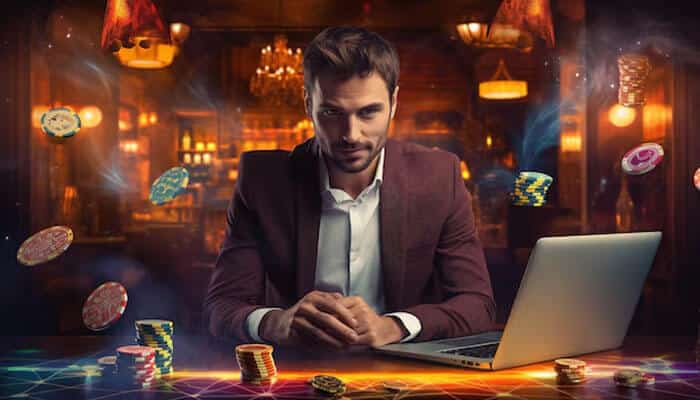 Technological Trends - Live Casino Magic - Live CasinoMagic A confident man in a suit sitting at a table with a laptop, surrounded by floating casino chips, in a dimly lit bar or casino setting, symbolizing online gambling or gaming