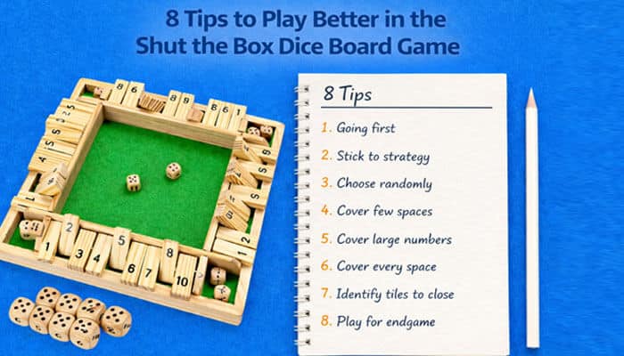 8 tips to play better in the Shut the Box dice board game - Live Casino Magic - Live CasinoMagic An image showing the board game 'Shut the Box' with dice and numbered tiles, alongside a notebook with the list of 8 tips to play better in the game, including tips like going first, sticking to strategy, and covering large numbers.