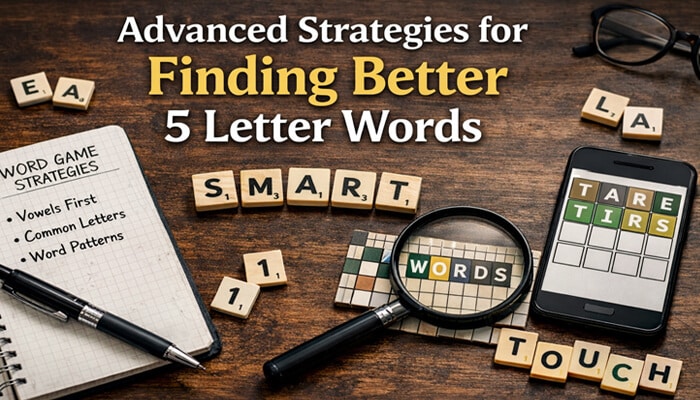 Advanced Strategies for Finding Better 5 Letter Words - Live Casino Magic - Live CasinoMagic A creative scene with Scrabble tiles spelling "SMART" and a magnifying glass over "WORDS," highlighting advanced strategies for "wordhippo 5 letter words" and puzzle-solving tips.