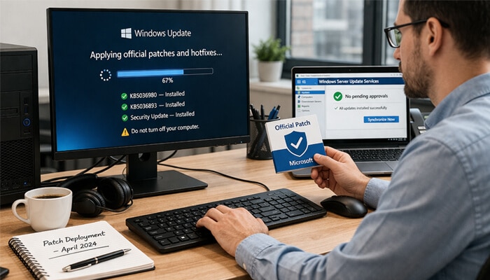 Apply Official Patches or Hotfixes - Live Casino Magic - Live CasinoMagic A person applying a patch update to fix the "ralbel28.2.5" bug on their laptop, with the update progress displayed on the screen.