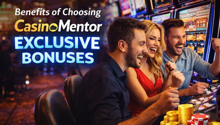 Benefits of Choosing CasinoMentor Exclusive Bonuses - Live Casino Magic - Live CasinoMagic Three people celebrating their wins at brightly lit slot machines, with CasinoMentor's Exclusive Bonuses text highlighted and stacks of casino chips and coins in the foreground