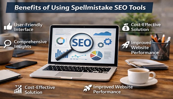 Benefits of Using Spellmistake SEO Tools - Live Casino Magic - Live CasinoMagic Benefits of using Spellmistake SEO Tools with a laptop displaying SEO charts and key features like user-friendly interface, comprehensive insights, and improved website performance.