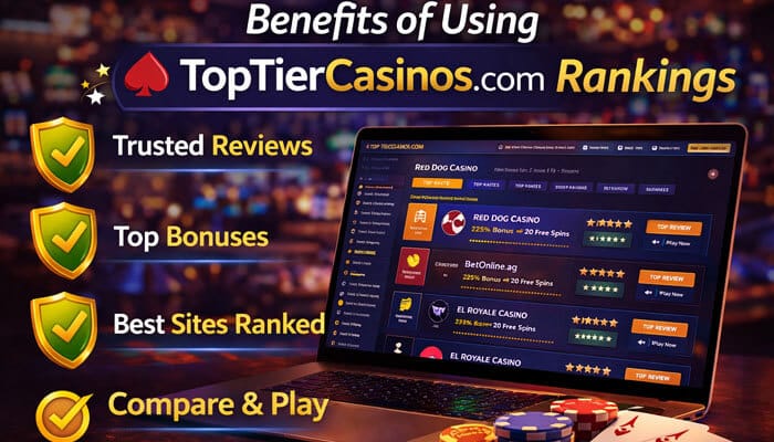 Benefits of Using TopTierCasinos com Rankings - Live Casino Magic - Live CasinoMagic The benefits of using best online casino toptiercasinos.com 2025 rankings, with a laptop showing top-rated online casinos and gold shields emphasizing key features like 'Trusted Reviews' and 'Top Bonuses.