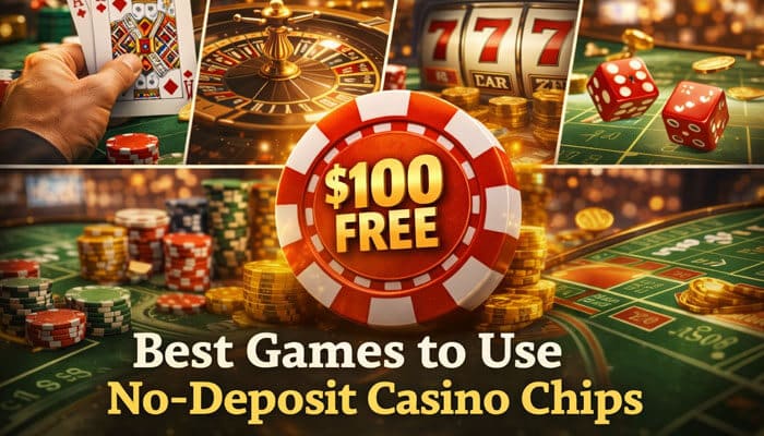 Best Games to Use No-Deposit Casino Chips - Live CasinoMagic A variety of casino games featuring a free 0 casino chip no deposit casinomentor. The scene includes poker cards, a roulette wheel, slot machines, and dice on a craps table, all surrounded by vibrant casino chips and golden coins