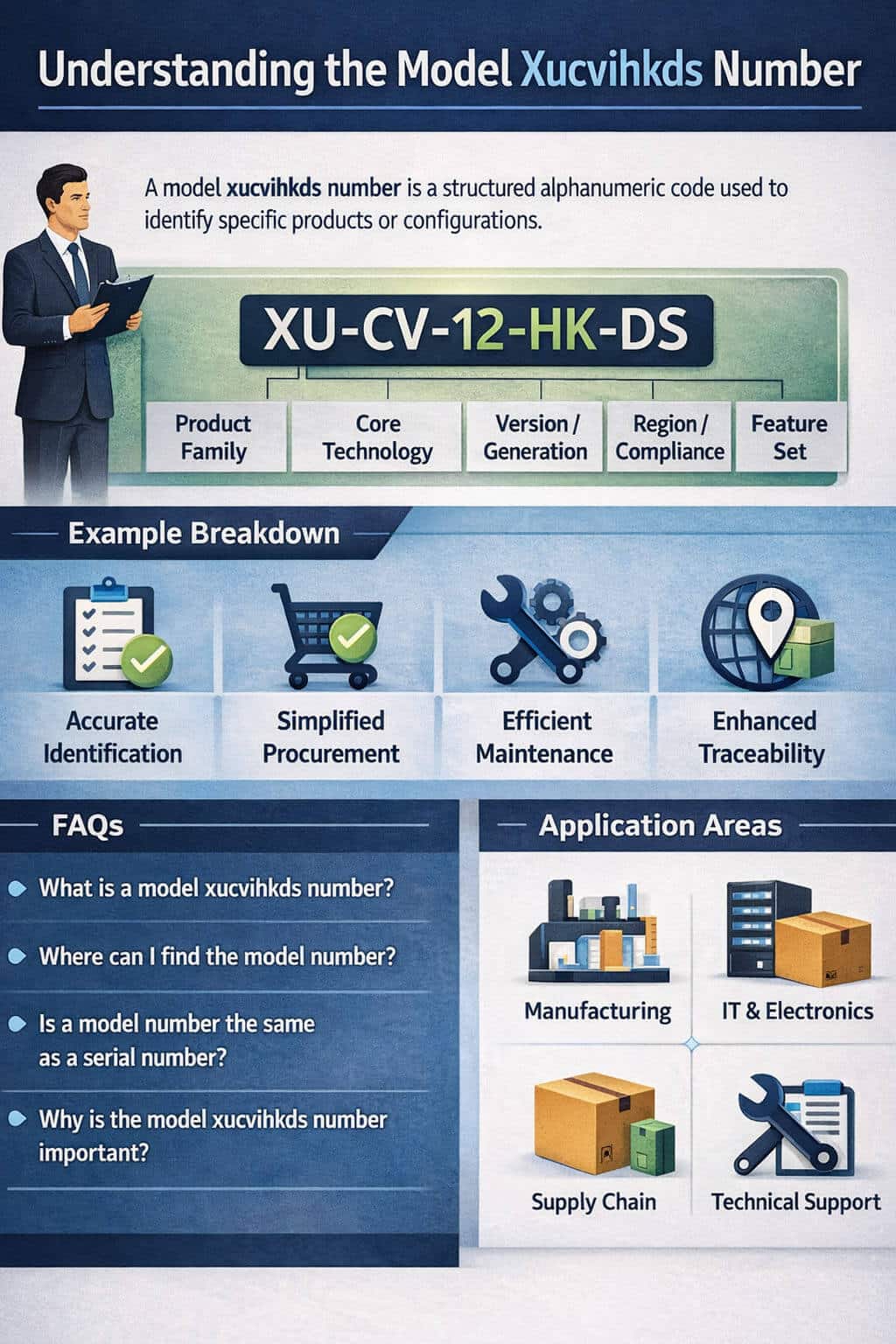 Best Practices for Managing Model Xucvihkds Numbers - Live Casino Magic - Live CasinoMagic Infographic explaining model number structure with example code breakdown, FAQs, and application areas showing manufacturing, IT electronics, supply chain, and technical support use.