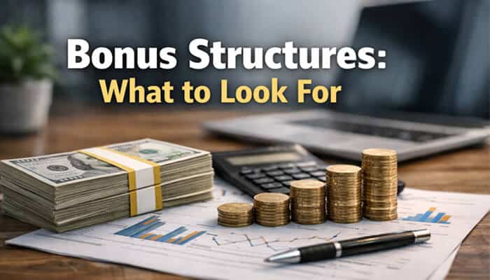 Bonus Structures What to Look For - Live Casino Magic - Live CasinoMagic Professional financial concept image showing stacked cash, rising coin columns, calculator, and business charts illustrating bonus structures and payout models analyzed by best casino sites online topcasinosites.co for evaluating welcome bonuses, wagering requirements, and reward systems.