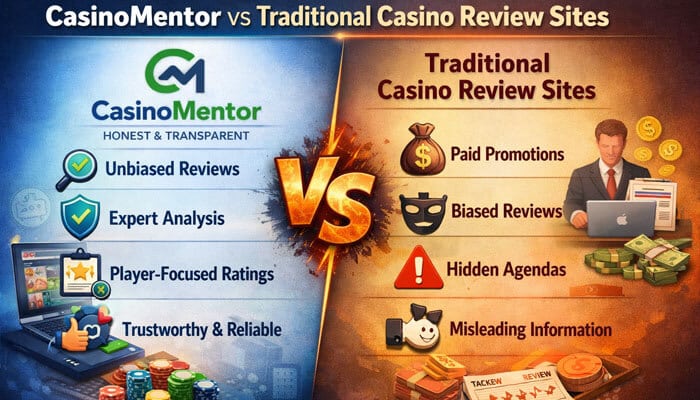 Casinomentor vs Traditional Casino Review Sites - Live Casino Magic - Live CasinoMagic Comparison between CasinoMentor and traditional casino review sites, highlighting trustworthiness vs bias