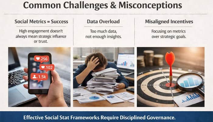 Common Challenges and Misconceptions - Live Casino Magic - Live CasinoMagic Bouncemediagroup.com Social Stat: Common Challenges & Misconceptions in Social Metrics. The image illustrates three key issues in social media strategy: 1) Relying on social metrics as a measure of success, 2) Data overload leading to insufficient insights, and 3) Misaligned incentives that prioritize metrics over strategic goals. These challenges highlight the need for a disciplined governance framework in social stat strategies.