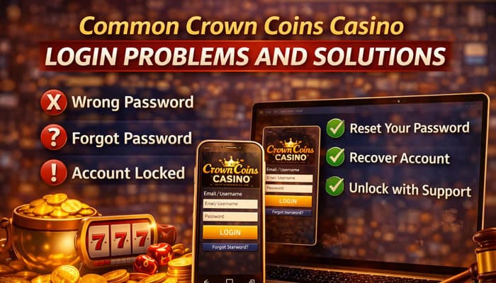Common Crown Coins Casino Login Problems and Solutions - Live Casino Magic - Live CasinoMagic A visual guide for common Crown Coins Casino login issues with symbols for password recovery, incorrect username, and account lock.