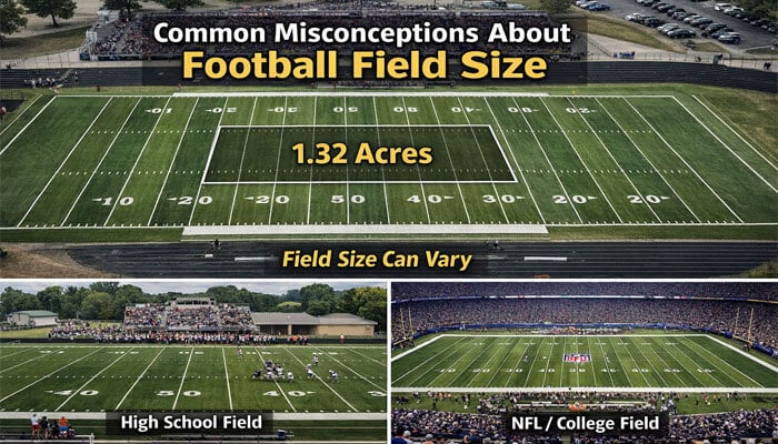 Common Misconceptions About Football Field Size - Live Casino Magic - Live CasinoMagic Explore common misconceptions about football field sizes and how many acres they occupy. A standard football field, including end zones, covers 1.32 acres. However, field sizes can vary, especially across different levels of play. This image compares high school fields, NFL, and college football fields, showing how their sizes differ. Understanding the true acreage of a football field can help clarify confusion about its space requirements, providing a clear visual guide for both sports enthusiasts and those interested in land measurements.