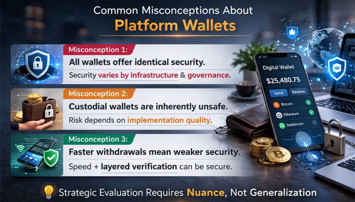 Common Misconceptions About Platform Wallets - Live Casino Magic - Live CasinoMagic Infographic dispelling common misconceptions about platform wallets, including gocryptobet.com wallet, highlighting security variations, custodial wallet safety, and the relationship between speed and security in withdrawals.