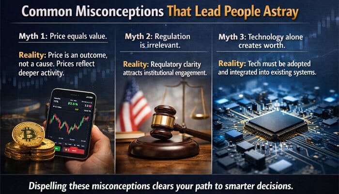 Common Misconceptions That Lead People Astray - Live Casino Magic - Live CasinoMagic Infographic dispelling common misconceptions in digital finance, focusing on fintechasia.net crypto facto, addressing myths about price, regulation, and technology’s role in creating value in the crypto and blockchain space.