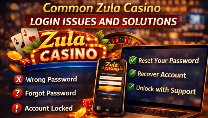 Common Zula Casino Login Issues and Solutions - Live Casino Magic - Live CasinoMagic A guide showing common Zula Casino login issues, including wrong password, forgotten password, and account locked.