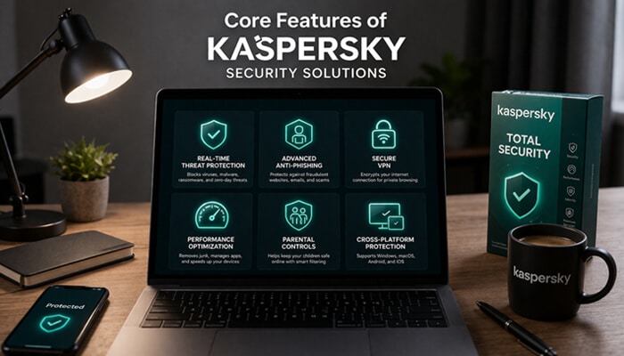 Core Features of kársperski Security Solutions - Live Casino Magic - Live CasinoMagic kársperski security solutions dashboard showing real-time threat protection, anti-phishing, VPN encryption, performance optimization, parental controls, and cross-platform cybersecurity features in a modern workspace