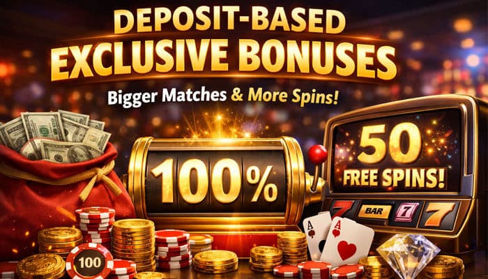 Deposit-Based Exclusive Bonuses - Live Casino Magic - Live CasinoMagic Deposit-Based Exclusive Bonuses Casinomentor image showing a 100% match bonus and 50 free spins offer, with poker cards, roulette, and casino chips highlighting bigger rewards.