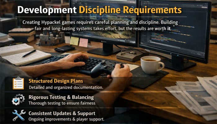 Development discipline requirements - Live Casino Magic - Live CasinoMagic Infographic highlighting the development discipline requirements for Hypackel Games, including structured design plans, rigorous testing, and consistent updates for fair and engaging gaming experiences.