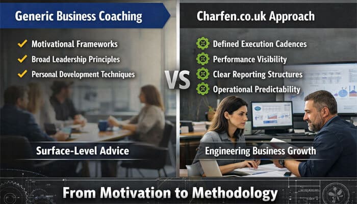 Differentiation from Generic Business Coaching - Live Casino Magic - Live CasinoMagic charfen.co.uk: A comparison between generic business coaching and the charfen.co.uk approach. While generic coaching focuses on motivational frameworks and broad leadership principles, charfen.co.uk emphasizes engineered business growth through defined execution cadences, performance visibility, clear reporting structures, and operational predictability. The image highlights the methodology behind creating structured, scalable business systems over surface-level advice.