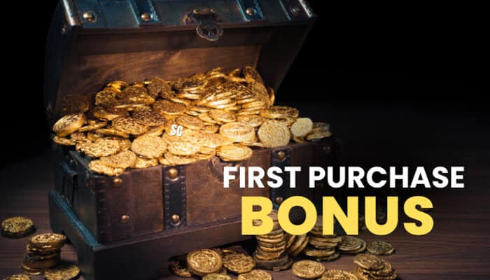 First Purchase Bonus - Live Casino Magic - Live CasinoMagic Gold Treasure Casino first purchase bonus promotion featuring a treasure chest overflowing with gold coins, highlighting the casino's introductory Gold Coins and Sweeps Coins offer, pirate-themed rewards, and sweepstakes gaming experience.