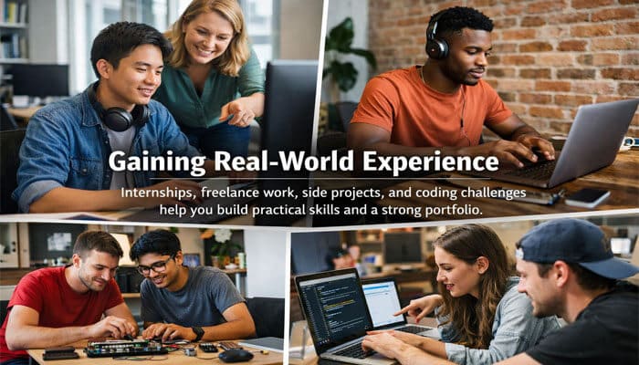 Gaining Real-World Experience - Live Casino Magic - Live CasinoMagic An image showcasing professionals engaged in real-world tech work, emphasizing internships, freelance projects, side projects, and coding challenges. The caption highlights how these experiences help build practical skills and a strong portfolio, aligned with strategies from DROVEN.IO IT Career Tips USA.