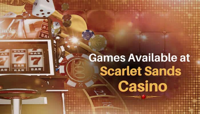 Games Available at Scarlet Sands Casino - LiveCasino Magic - Live CasinoMagic Scarlet Sands Casino promotional banner highlighting “Games Available at Scarlet Sands Casino,” featuring slot machine reels, casino dice, and chips in a warm gold-toned gaming theme that reflects the platform’s extensive library of slot-based entertainment, Megaways-style gameplay, and immersive sweepstakes casino experience under the Scarlet Sands Casino brand ecosystem.