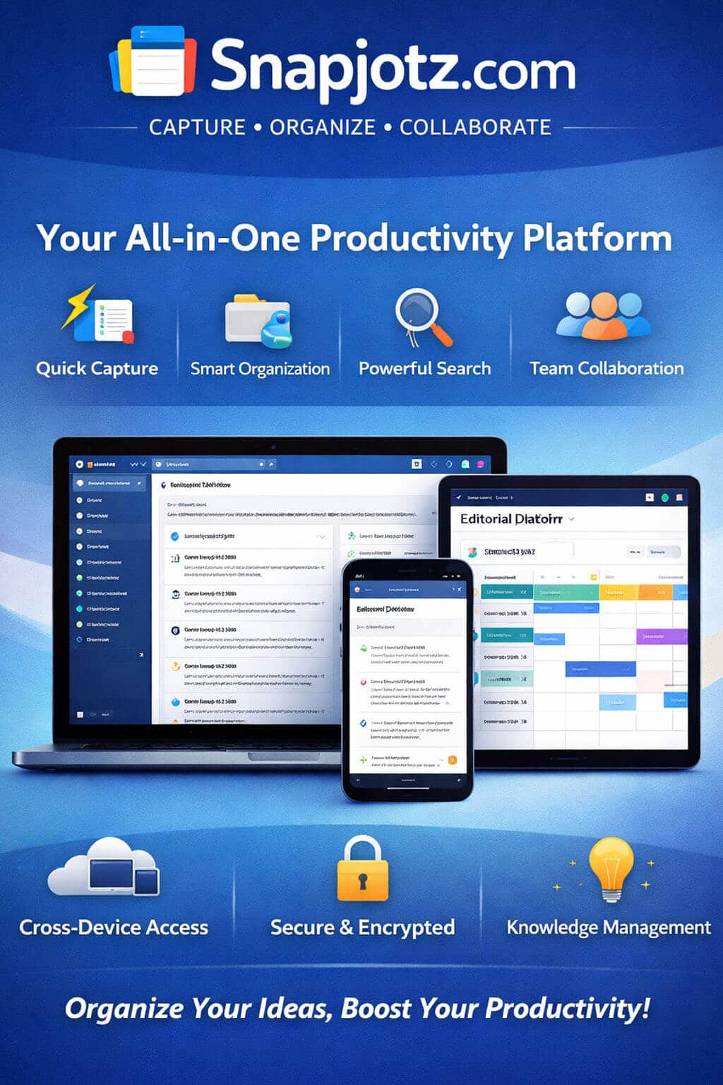 How Snapjotz Improves Productivity - Live Casino Magic - Live CasinoMagic Snapjotz.com productivity platform with blue background, showing features like quick capture, smart organization, powerful search, team collaboration, and cross-device access across laptop, tablet, and smartphone.