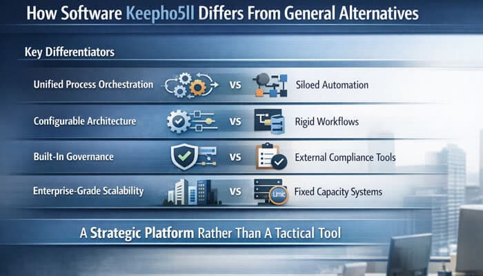 How Software Keepho5ll Differs From General Alternatives - Live Casino Magic - Live CasinoMagic Software Keepho5ll Key Differentiators: The image compares Keepho5ll with general software alternatives by showcasing its unique features. Keepho5ll stands out with Unified Process Orchestration over Siloed Automation, Configurable Architecture versus Rigid Workflows, Built-In Governance against External Compliance Tools, and Enterprise-Grade Scalability in contrast to Fixed Capacity Systems, positioning it as a strategic platform rather than just a tactical tool.