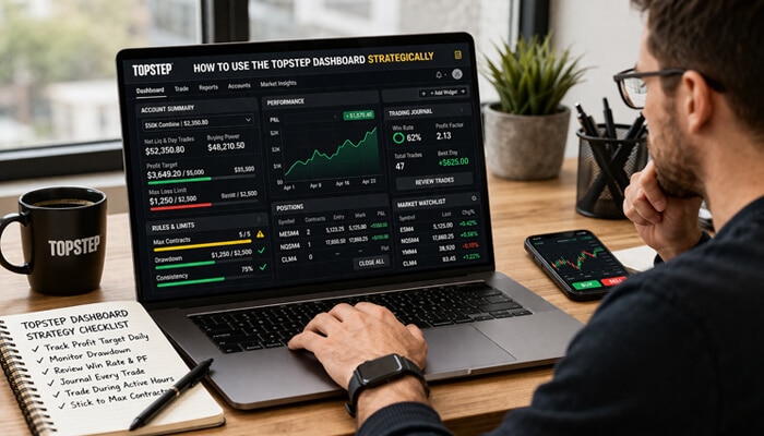 How to Use the Topstep Dashboard Strategically - Live Casino Magic - Live CasinoMagic Trader using the Topstep dashboard to track performance metrics, including profit targets and win rate, in a productive workspace.