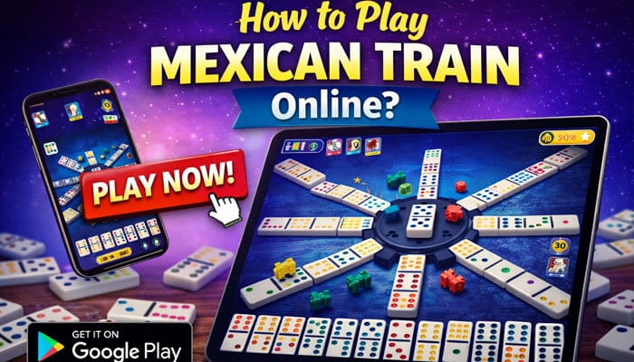 How to play Mexican Train online - Live Casino Magic - Live CasinoMagic How to play mexican train dominoes: Promotional graphic showing how to play Mexican Train online, featuring a tablet and smartphone with digital domino game, “Play Now” button, and Google Play badge.