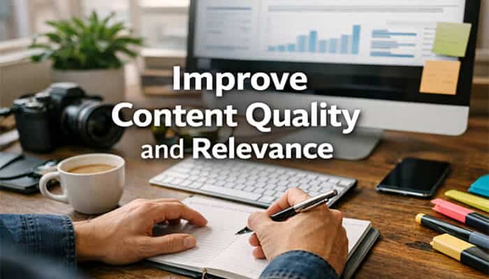 Improve Content Quality and Relevance - Live Casino Magic - Live CasinoMagic Image showing the phrase 'Improve Content Quality and Relevance' in a workspace with tools like a laptop, notepad, and pen, symbolizing strategies for improving LCFTechMods through better content and optimization.