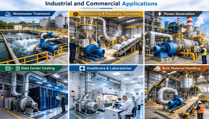 Industrial and Commercial Applications - Live Casino Magic - Live CasinoMagic The Blowers in Industrial and Commercial Applications: A visual depiction of blowers used across various sectors, including wastewater treatment, manufacturing and pneumatic conveying, power generation, data center cooling, healthcare laboratories, and bulk material handling. The image highlights the versatility and performance of blowers in optimizing operational efficiency, air and gas flow, and energy usage in these diverse industrial applications.
