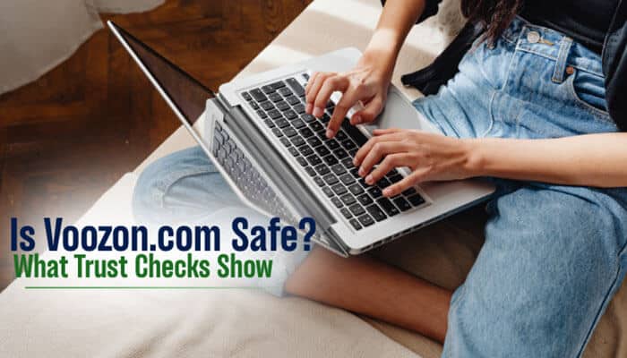 Is Voozon com Safe What Trust Checks Show - Live Casino Magic - Live CasinoMagic Woman using a laptop beside the headline “Is Voozon.com Safe?”, illustrating an independent review of Voozon.com trust signals, website security, domain history, and online credibility.