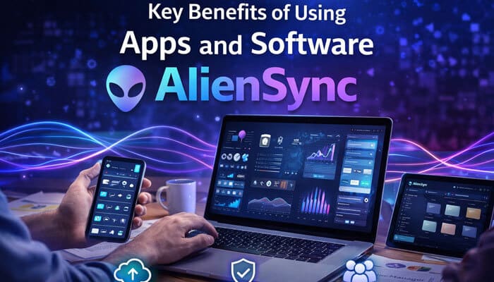 Key Benefits of Using Apps and Software AlienSync - Live Casino Magic - Live CasinoMagic Apps and Software AlienSync displayed on a laptop, smartphone, and tablet, showing a user managing data across devices with visuals highlighting synchronization, security, and collaboration benefits.