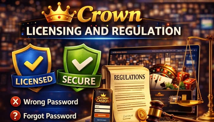 Licensing and Regulation - Live CasinoMagic Crown Casino online Licensing and Regulation guide with a secure and licensed emblem, a regulation document, and a gavel symbolizing legal authority